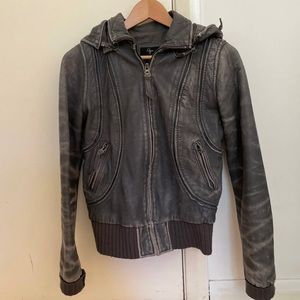 Aqua Gray Distressed Leather Hooded Jacket, Size XS